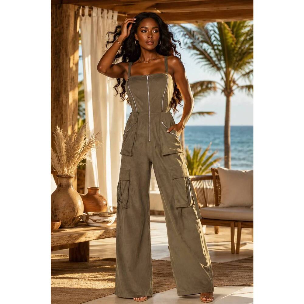 NEW SURELYMINE zip front utility cargo wide leg jumpsuit in olive
